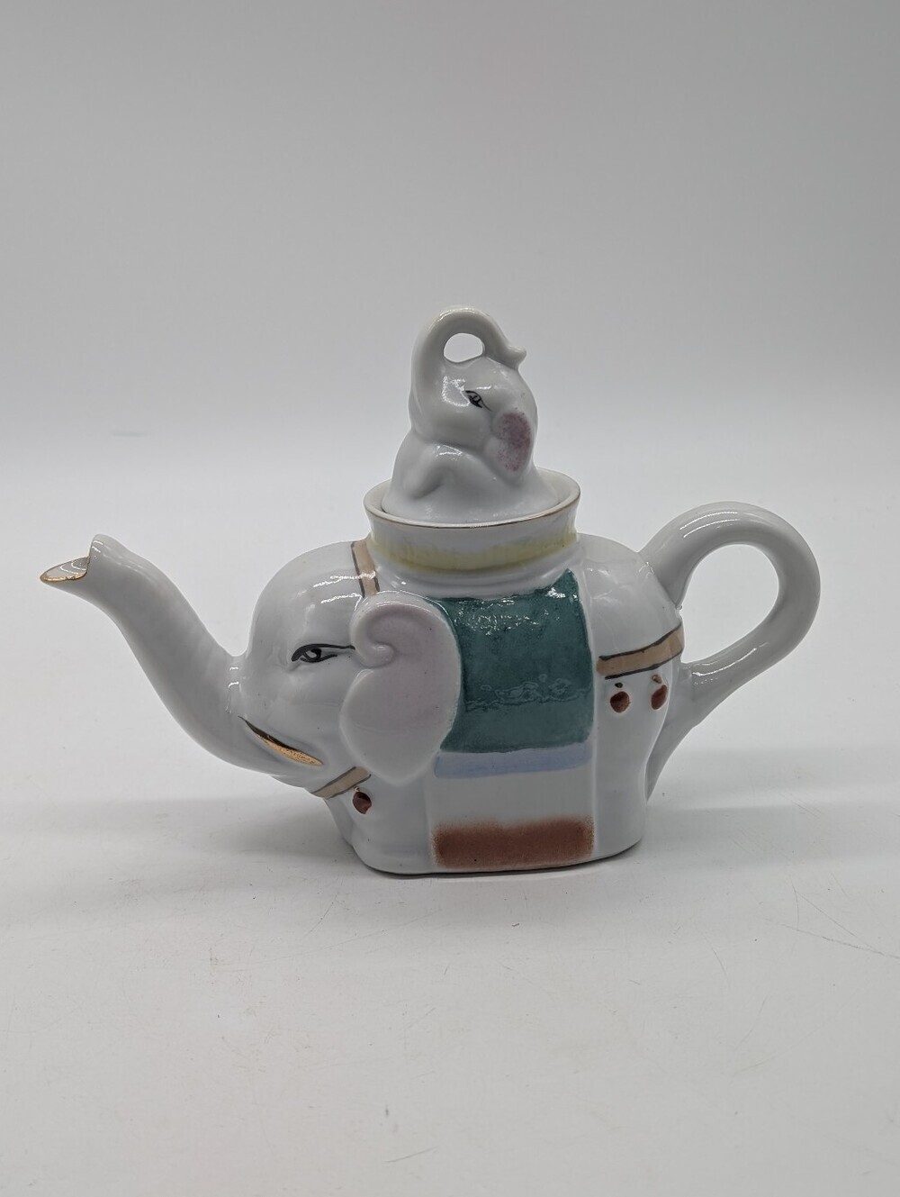 Vintage Chinese Porcelain Elephant Teapot  Mother Baby Figural Tea Pot Gold Trim